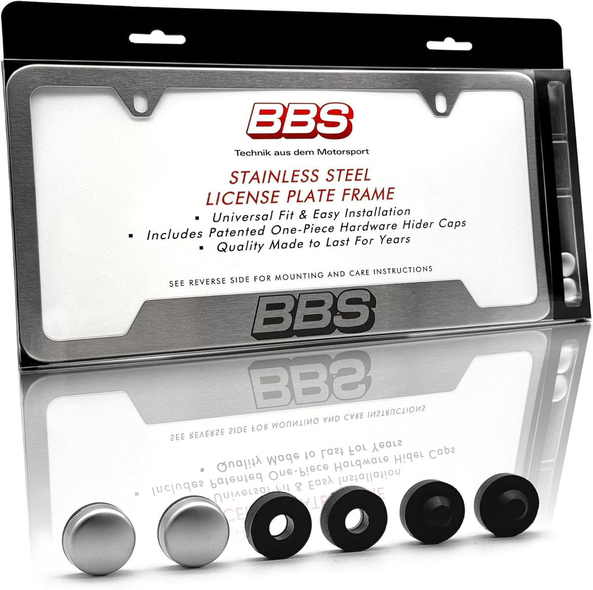 BBS Official Brushed Chrome Stainless Steel License Plate Frame – Made in USA – Premium Rustproof Powder-Coated Metal Car Accessory – Universal Fit – 1 Pack