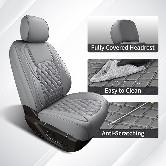 Huidasource Tacoma Front&Back Seat Covers, Gray Leather Car Seat Cushion Cover Accessories Fit for 2016-2023 Double & Crew Cab Toyota Tacoma SR SR5 Limited TRD Sport/Pro/Off Road(Full Set/Gray)