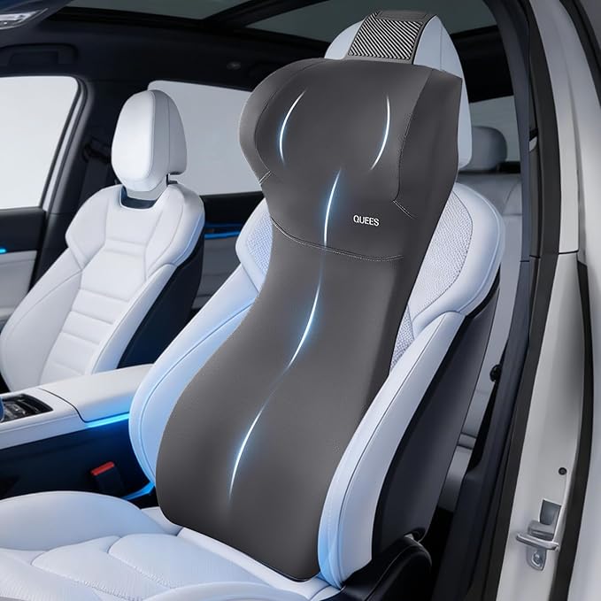 Lumbar Support Pillow for Car with Headrest, Memory Foam Cushion for Back & Neck Support, Muscle Fatigue Relief, Full-Length S-Curve Support for Long Drives, Fits Cars, SUVs, Trucks