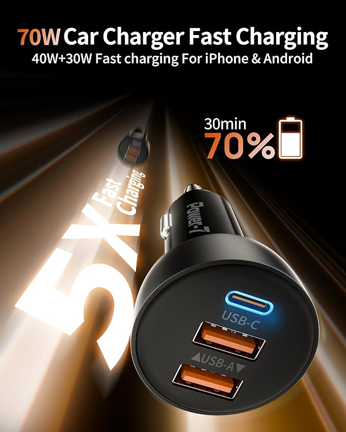 USB C Car Charger, 2 Pack 70W 3-Port PD/QC Fast Charging Cigarette Lighter USB Charger Car Phone Adapter Accessories for iPhone 17/Air/16/15/14/13/12 Pro Max, iPad, Pixel, Galaxy S25/S24/S23, Android