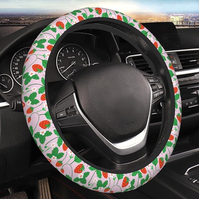 Strawberry Steering Wheel Cover for Women Elastic Rubber Steering Wheel Universal 15 Inch Fit for Cars, Auto, SUVs