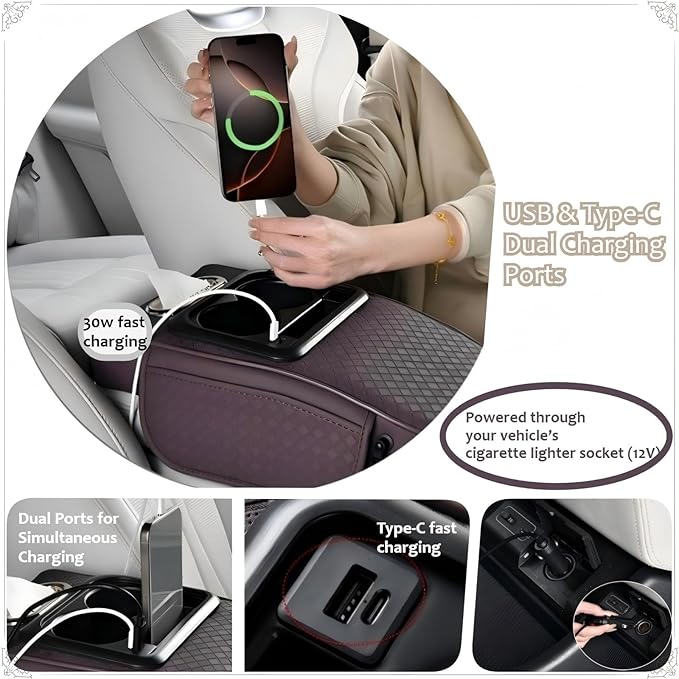2026 Enhanced Car Center Console Armrest Cushion with USB& Type-C Charging, PU Leather Console Pad with Cup Holders, Storage& Tissue Outlet for Most Vehicles (Sloped Version, Red)