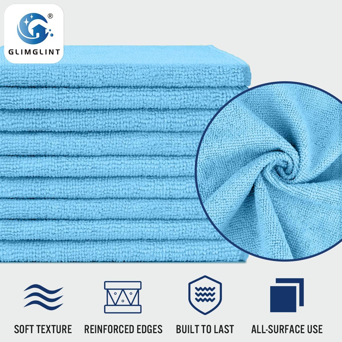 GLIMGLINT Blue Microfiber Cleaning Cloth, 150 Pack Microfiber Towels for Cars, Lint Free, Scratch-Free, Highly Absorbent, Reusable Cleaning Rags for Car, Household, Shop Towels 14"X12"