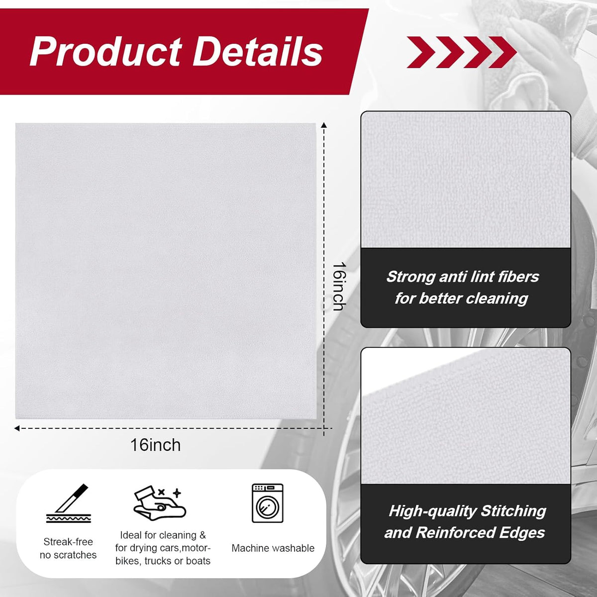 200 Pcs Microfiber Cleaning Cloth 16x16 Inch Microfiber Towels for Car Ultra Absorbent Cleaning Rags Reusable Lint Free Streak Free Detailing Towel for Car Washing Drying Dusting (White)