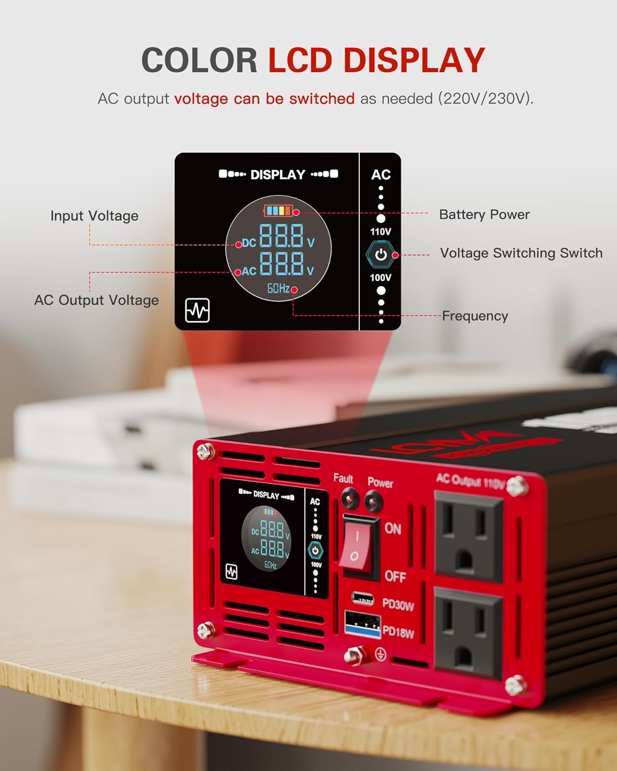 1000 Watts Pure Sine Wave Power Inverter 12V DC to 110V 120V AC Converter for Home RV Off Grid Truck Solar System Inverters with Type-C PD30W USB QC3.0 Port 2 AC Outlets LCD Display and Remote Control