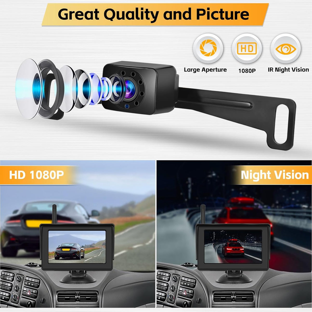 Hikity Wireless Backup Camera System 4.7 Inch Car Monitor Kit HD 1080P License Plate Rear View Camera, Digital Stable Signal, Night Version, IP68 Waterproof, Reverse Camera for Cars