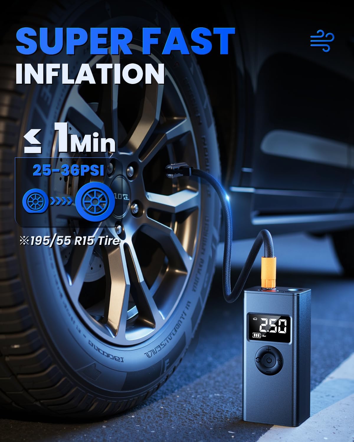 Tire Inflator Portable Air Compressor, 160PSI Air Pump for Car Tires with Digital Pressure Gauge, LED Light and Auto Shut-Off Function, for Car/Motorcycle/Bike/Ball