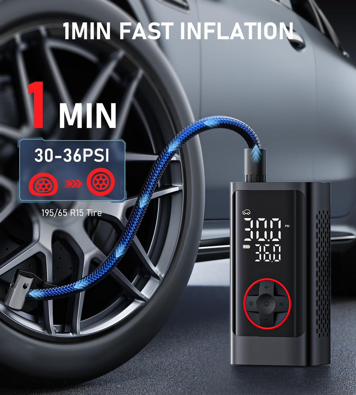 Tire Inflator Portable Air Compressor, 150PSI Cordless Air Pump for Car Tires, Electric Bike Tire Pump with Pressure Gauge, Auto Shut Off, LED Light for Car Motorcycle Bicycle Ball