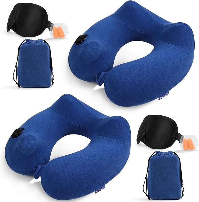 2 Pack Inflatable Travel Neck Pillows for Airplanes, Head Support Velvet Adult Neck Pillows for Long Flight, Kit with Eye Mask, Earplugs and Storage Bag, 2, Navy Blue