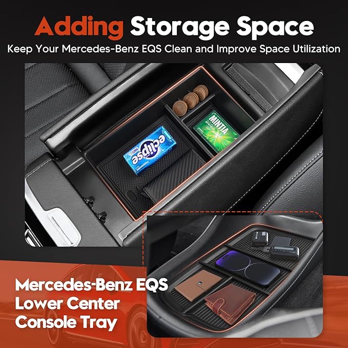 Sunsdrew 2025 Upgraded 2PCS Mercedes-Benz EQS Center Console Organizer&Lower Center Console Tray for 2023 2024 2025 Mercedes Benz EQS Interior Accessories Anti-Slip