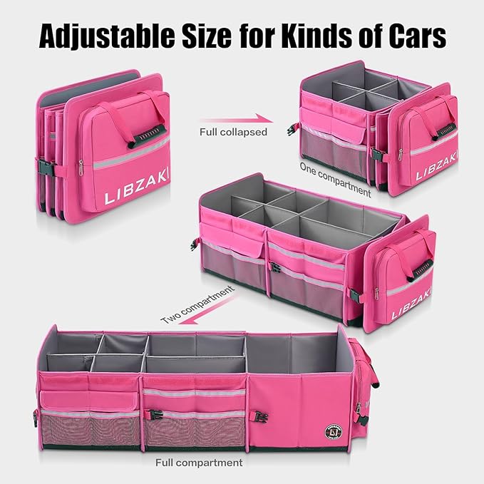 LIBZAKI Oversize 4 in 1 Car Trunk Storage Organizer, Multi Compartment Collapsible Trunk Storage Box with Cooler Bag for Car Truck SUV-Rose red