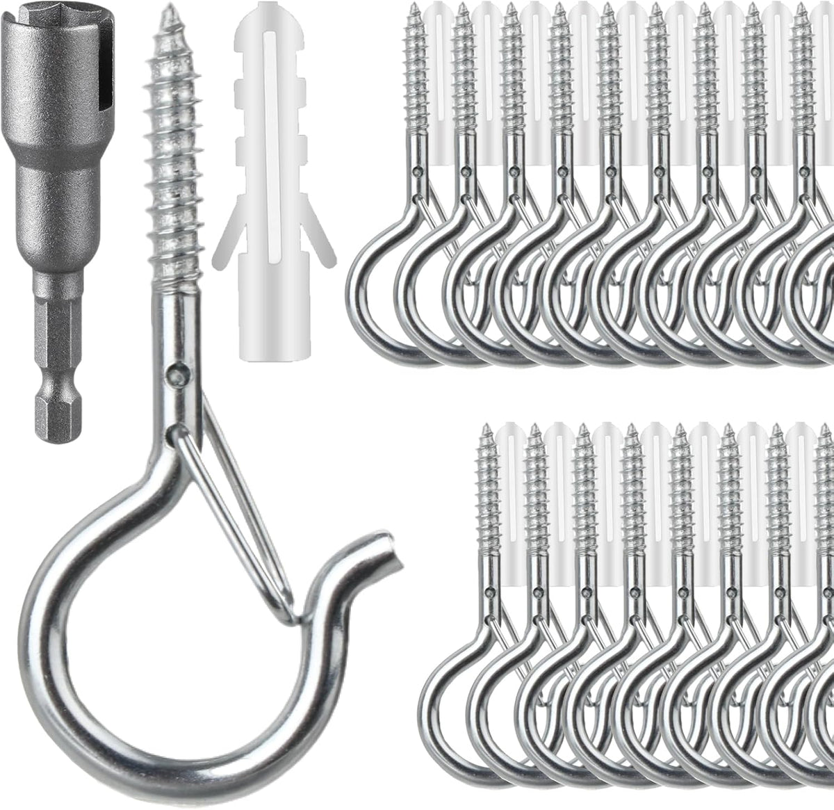 24 PCS Q-Hanger Hooks, Screw Hooks for Outdoor String Lights, Safety Buckle Design Cup Eye Hook for Hanging Christmas Lights, Plants, Mounted on Wall Ceiling, Include 1 Wing Nut Driver, Silver