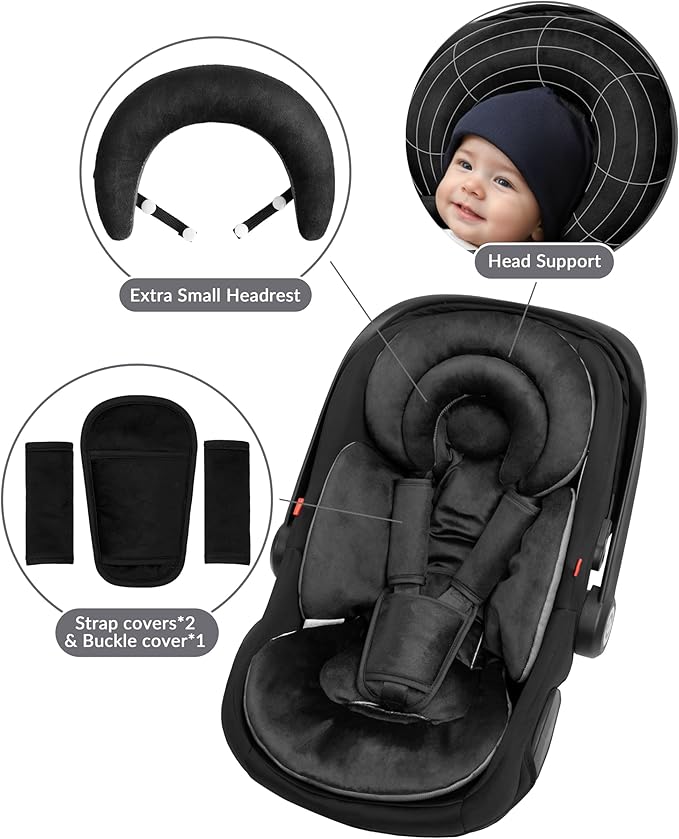 Infant Car Seat Insert with Removable Cushion for Preemie to Toddler, Reversible Newborn Carseat Insert for Baby Head Body Support, Fits for Stroller, Baby Swing, Bouncer (Pure Black)