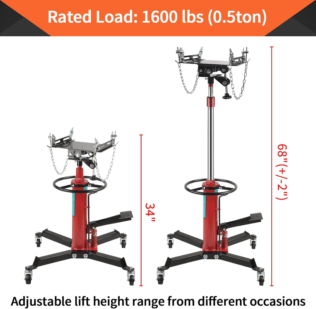 1600Lbs 2 Stage Hydraulic Transmission Jack Stand Telescoping 34" - 70" Adjustable Height with Foot Pedal 360 Degree Swivel Wheel Lift Hoist for Car Lift Garage Shop Floor