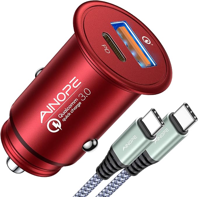 AINOPE USB C Car Charger Super Mini All Metal 54W Fast USB Car Charger PD&QC 3.0 Dual Port Car Adapter Compatible with iPhone 15 Pro Max 14 13 12 11 Pro Max XR XS Max 8 Galaxy S21/20-Red