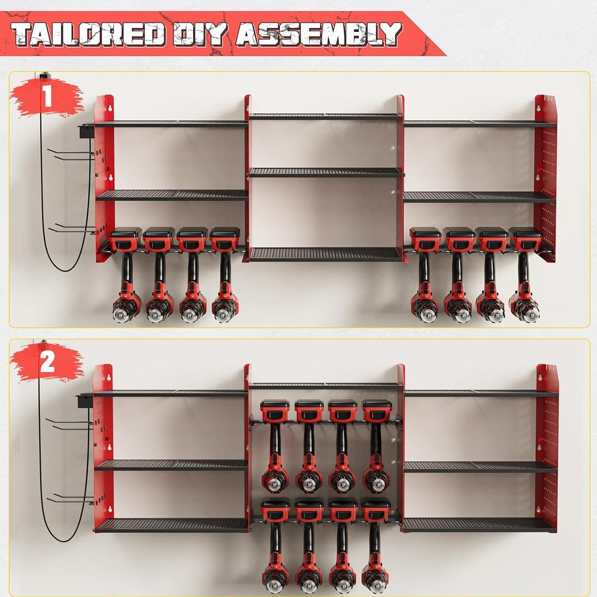 Power Tool Organizer with Charging Station Wall Mount, 3 Layer Expanded Heavy Duty Garage Organization, 45.5 Inch Length Garage Tool Storage, 8 Drills, 2 Assemble Method, Red