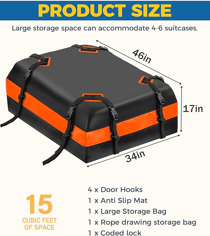 15 Cubic Feet Roof Rack, Rooftop Cargo Carrier, Soft-Shell Carriers with Anti-Slip Mat for All Cars with/Without Rack