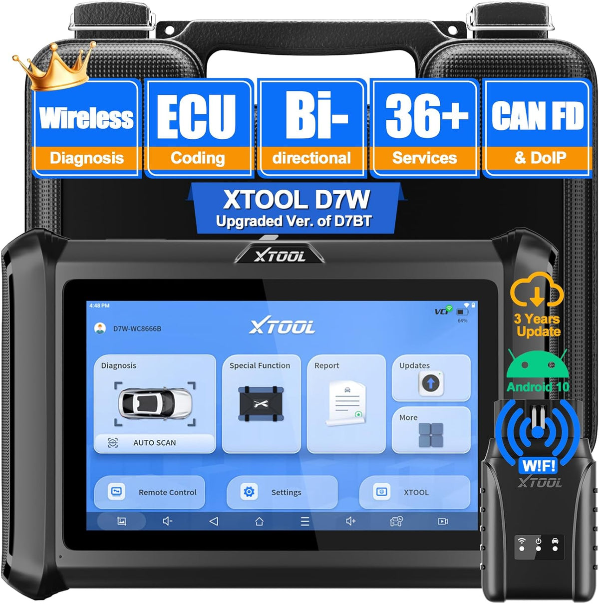 XTOOL D7W OBD2 Scanner Diagnostic Tool: 2025 Wireless Ver. of D7/D7S/D7BT, Bidirectional Scan Tool with ALL System Diagnostic, PMI, ECU Coding, 39+ Resets, 3-Year Updates, CAN FD/DoIP, Scanner for Car