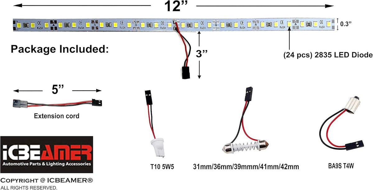 ICBEAMER 12" Amber Yellow 18SMD 2835 LED Strip Light Universal Fit Car Trunk Cargo Area or Interior Illumination