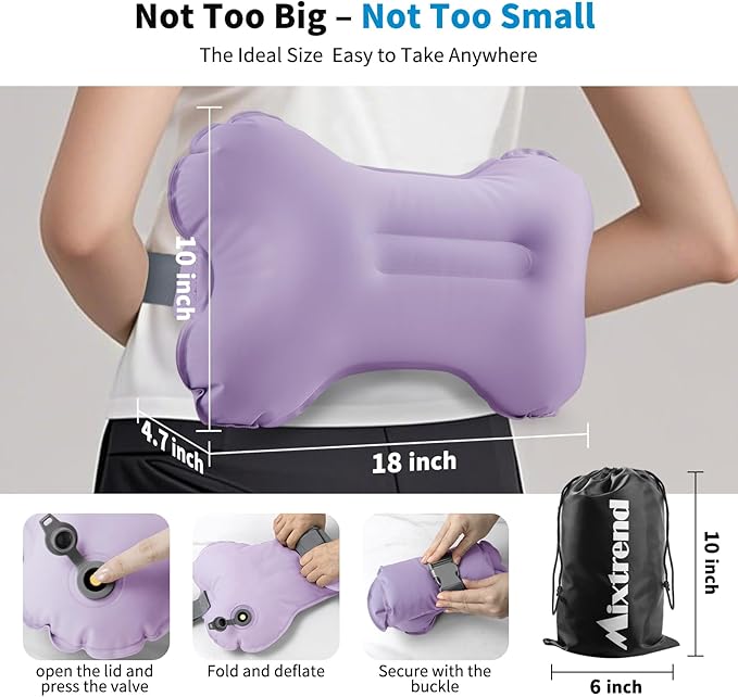 Mixtrend Travel Lumbar Pillow Inflatable Lumbar Support Pillow with Memory Foam, Back Support Pillow for Airplane Long Flight, Essential Travel Support Pillow for Women Men Kids（Lavender）