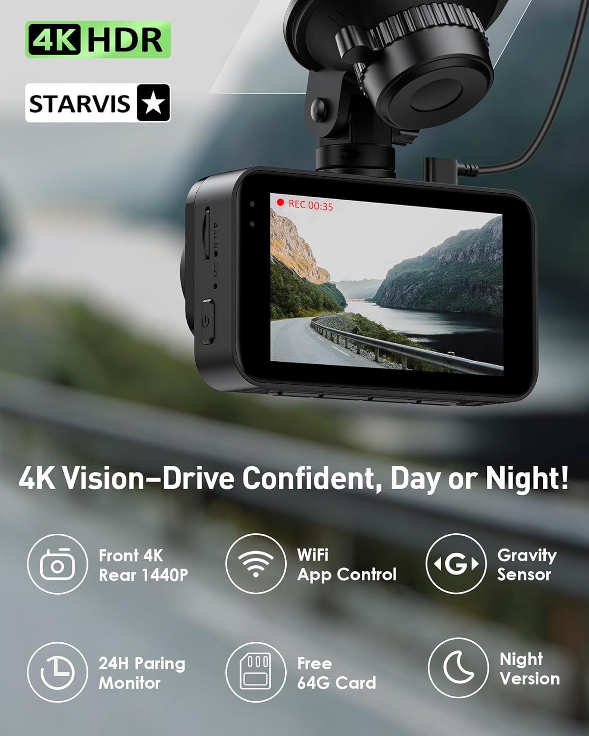 Dash Cam Front and Rear,4K+2K Dash Camera for Cars with STARVIS Sensor,Built in 5GHz Wi-Fi, Free 64GB Card Included, Dual Dashbord Dashcam,Night Vision,Emergency Lock, Parking Mode