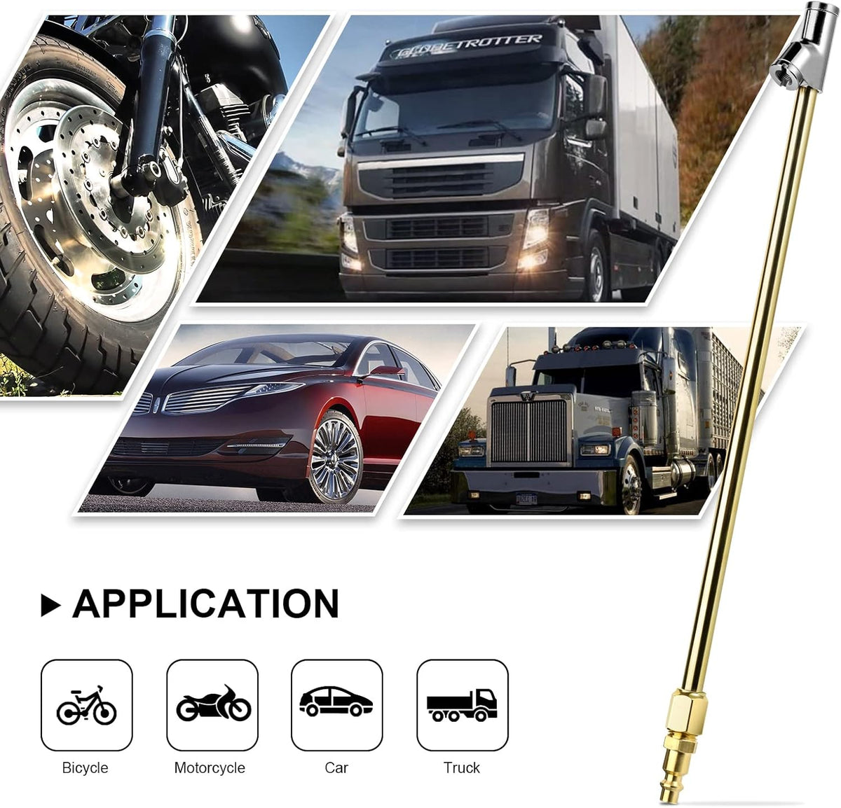 2-Way Connection 13.8" Extended Air Chuck Set, 1/4 in FNPT Straight Foot Dual Head Tire Inflate Chuck with Standard Brass Quick Plug, Tire Air Compressor Fill Kit for Truck RV Dually Tires