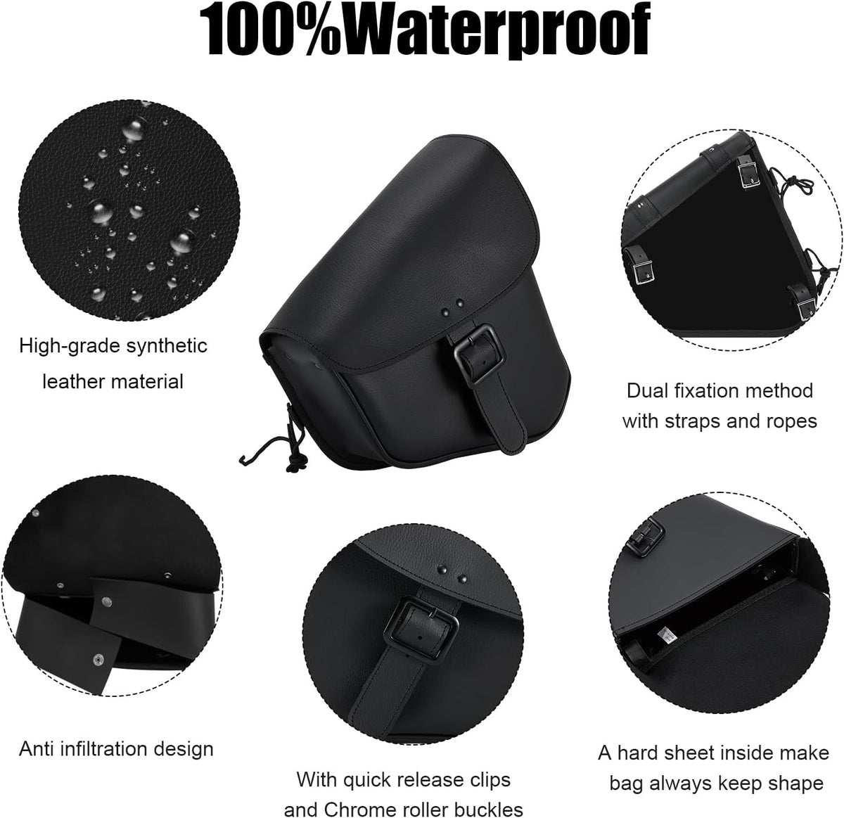 GARGOYLE BELLS Motorcycle Swing Arm Bag Solo Saddle Bags For Sportster Softail PVC Waterproof Motorcycle Luggage Bags for Motorcycle or Bike (Right Side, Black-Single Buckle)