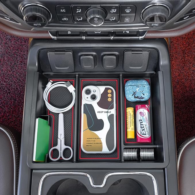 PIMCAR Center Console Organizer Tray for 2014-2018 Chevy Silverado GMC Sierra 1500 & 2015-2019 2500HD/3500HD Models - Custom Fit Storage Insert Accessories - Red Trim