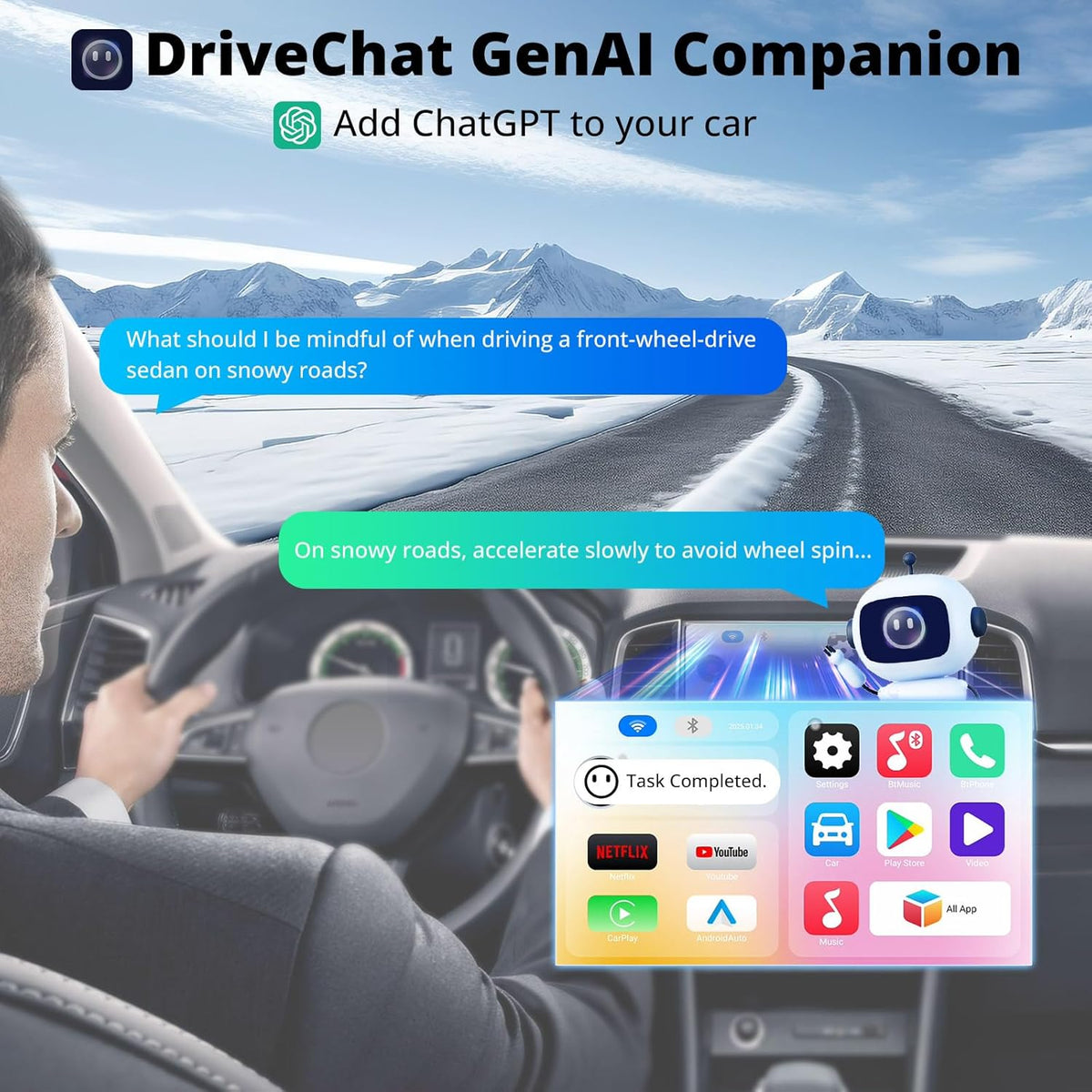 Portable AI Box CarPlay -2025 Upgrade Wireless CarPlay Adapter Compatible with YouTube, Plug & Play Smart AI Box Support DriveChat, Dual Bluetooth, Dual Wi-Fi, Max 128GB TF Card (CB4A-N-BK1)