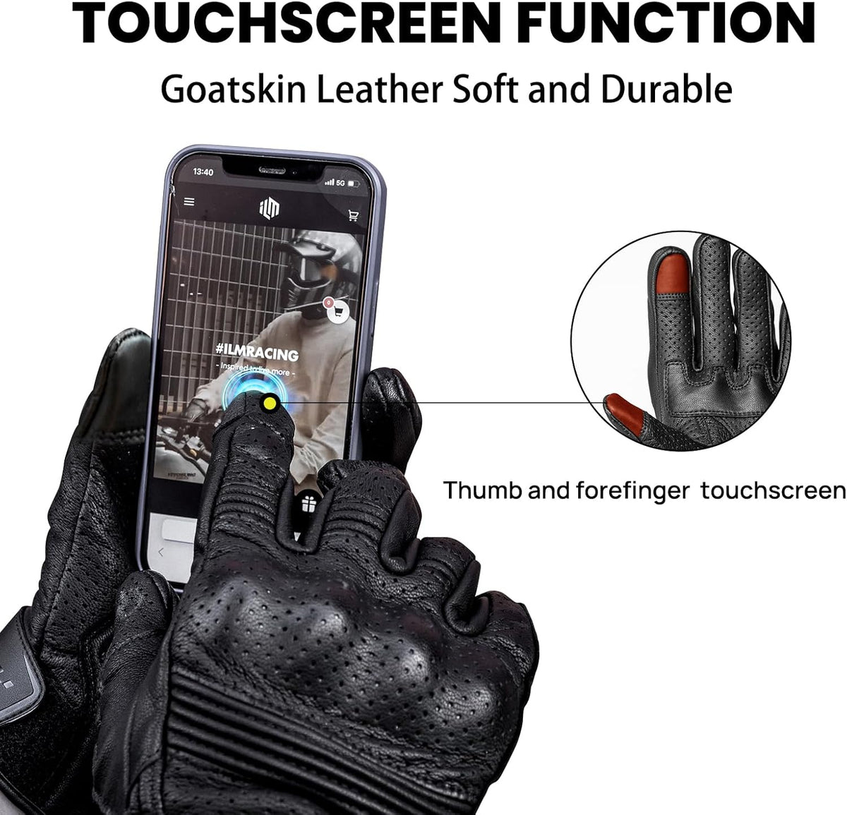 ILM Goatskin Leather Motorcycle Motorbike Powersports Racing Gloves Touchscreen for Men and Women Model DN01(XXL, Black Perforated)