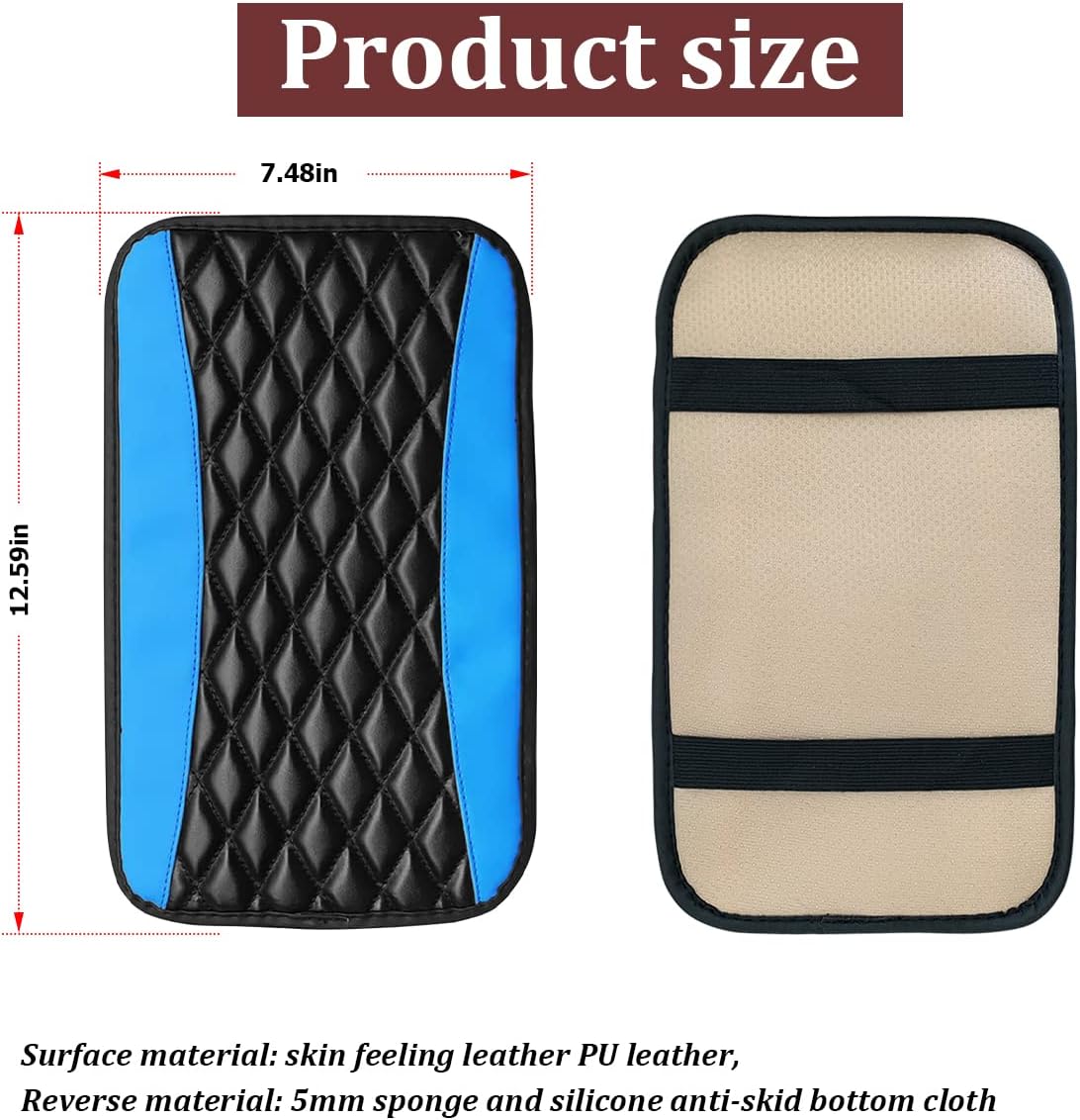 Car Center Console Cushion Pad, Universal Leather Waterproof Armrest Seat Box Cover Protector,Comfortable Car Decor Accessories Fit for Most Cars, Vehicles, SUVs (Blue)