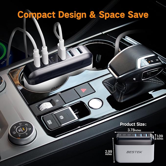 BESTEK Multi Ports USB Car Charger, Fast Charge 125W 14A Quick Charge 3.0 & USB-C PD Car Charger Adapter with Smart Identification for Cell Phones, Tablets and Other USB Devices