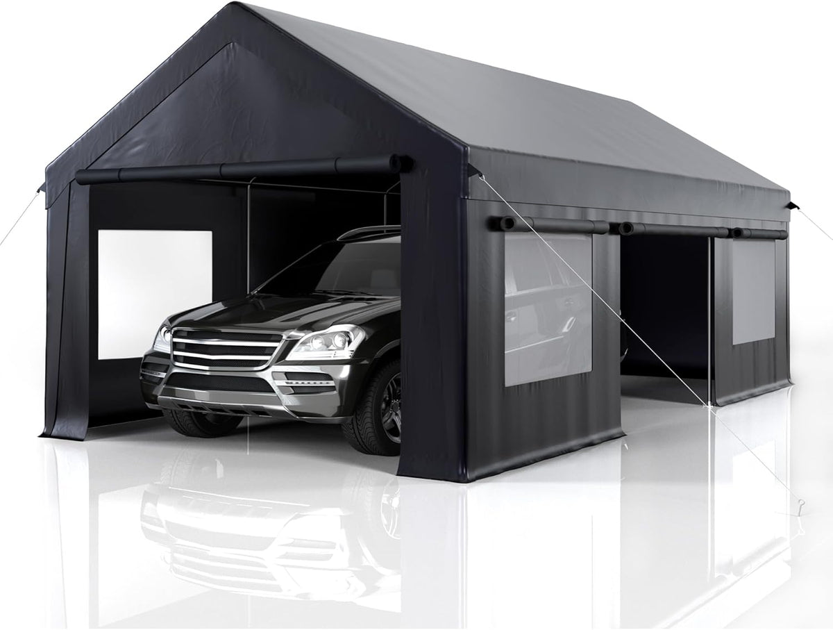 Carport 12' x 20' Heavy Duty Portable Garage, Carport Canopy with Side-Opening Door & Roll-Up Windows, Car Canopy Reinforced Four-Hole Base for Car, Truck, Boat, Party, Black