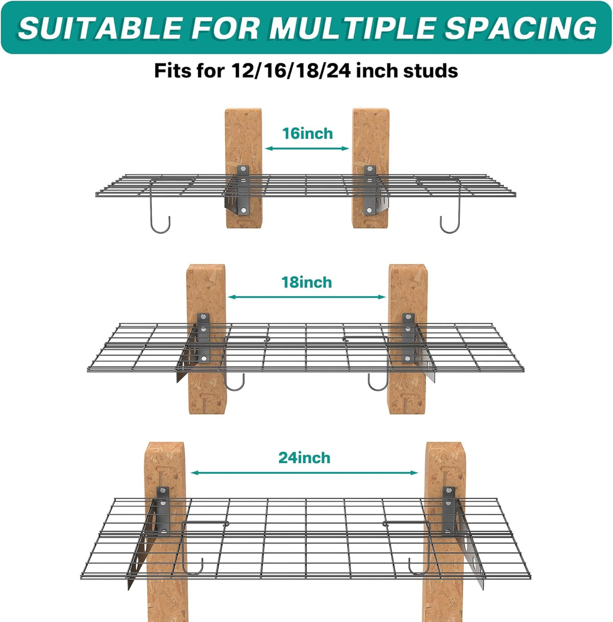 EVERHANGER Wall Mounted Garage Wall Shelves, 2 x 4 ft Metal Storage Shelves, Heavy Duty Wall Shelving with Hooks, Holds Up to 220 Lbs, Black