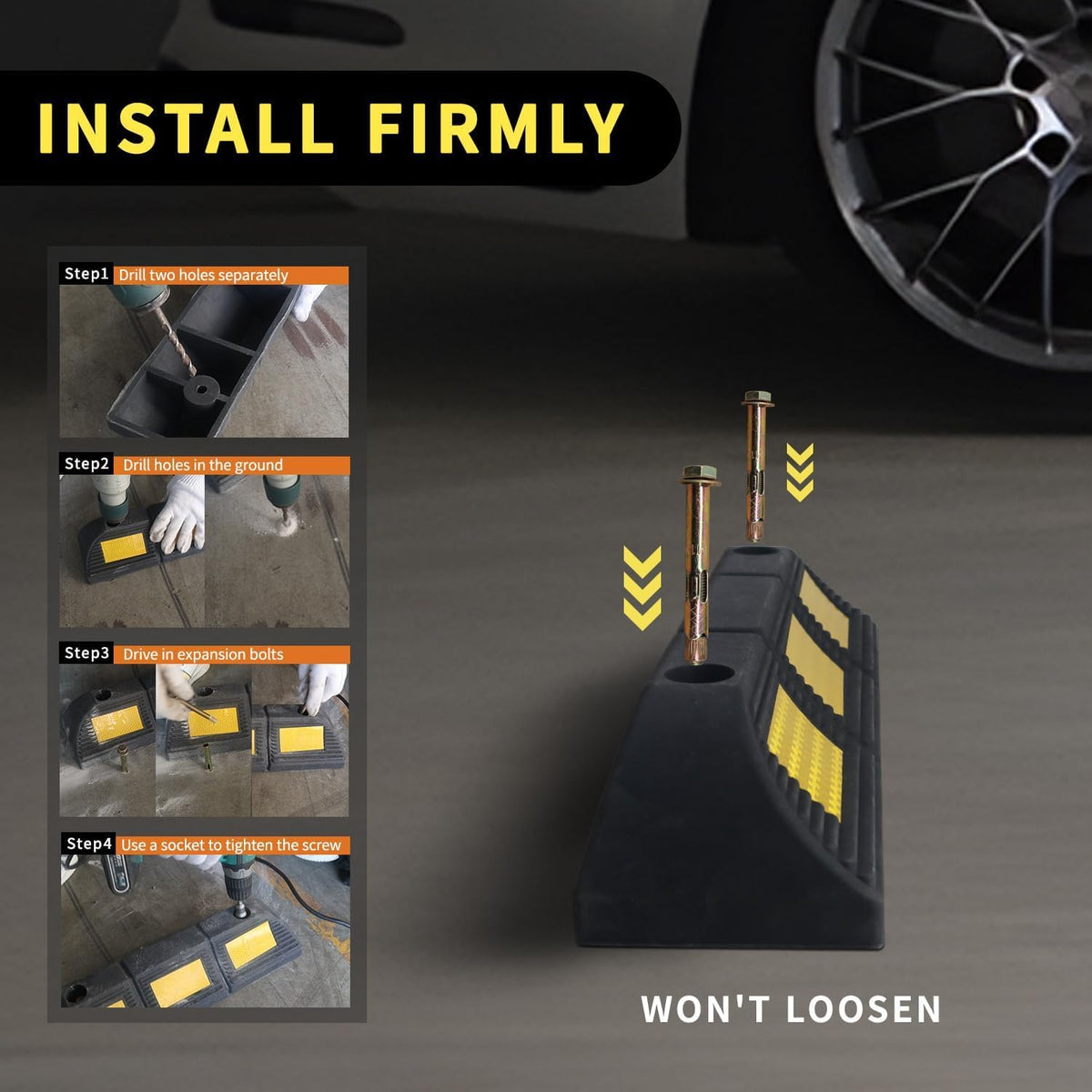 Parking Stopper for Garage Parking Aid 4 Pack Block, Car Truck Curb Floor Parking Lot Wheel Tire Stops Bumpers with Bolt Installation, Rubber Vehicles Aid Gadgets