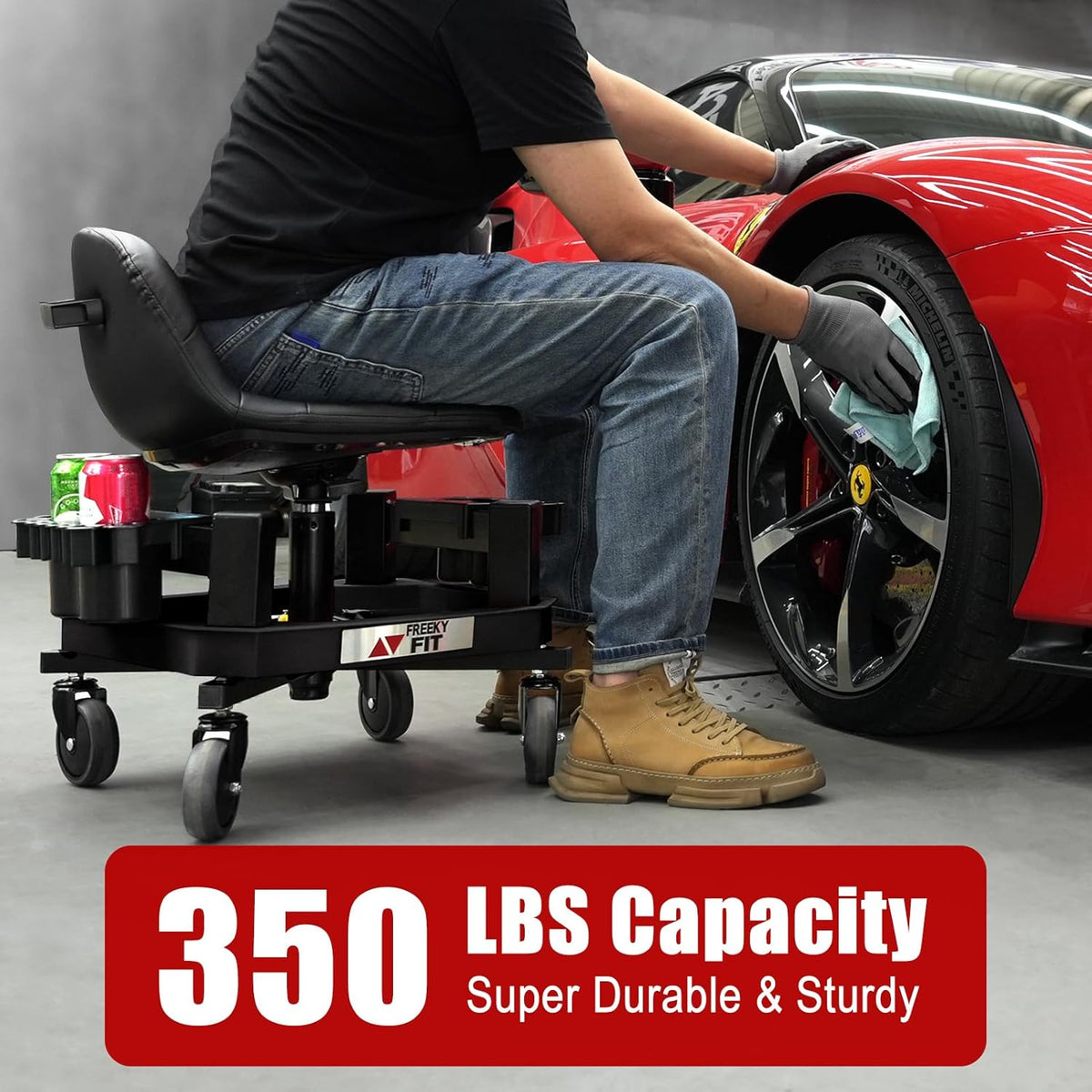 Rolling Stool with Wheels, Adjustable Shop Stool Mechanic Seat, Garage Shop Roller Work Chair, Mobile Rolling Seat with Tool Tray, 2 Cup Holders, 4" Casters, 350 LBS, Heavy-Duty, Black