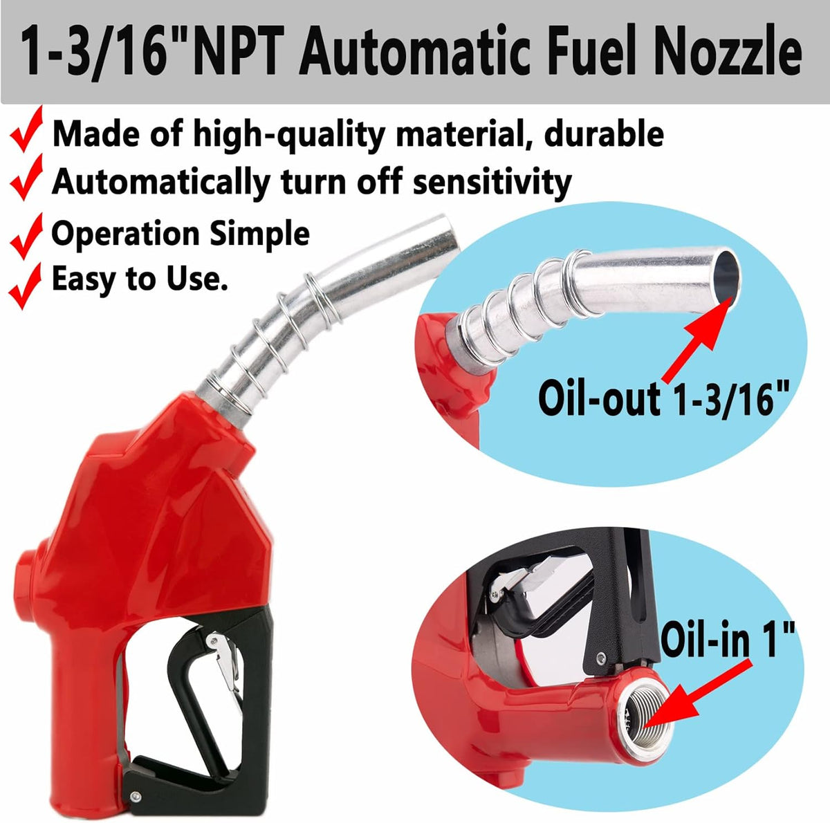 1-3/16"Automatic Fuel Nozzle, Car Fuel Filling Nozzle,Auto Shut-Off Fuel Nozzle, High Flow Automatic Fuel Nozzle, Suitable for Filling Diesel,Kerosene and Various Gasoline(inlet 1”NPT,32GPM) Red