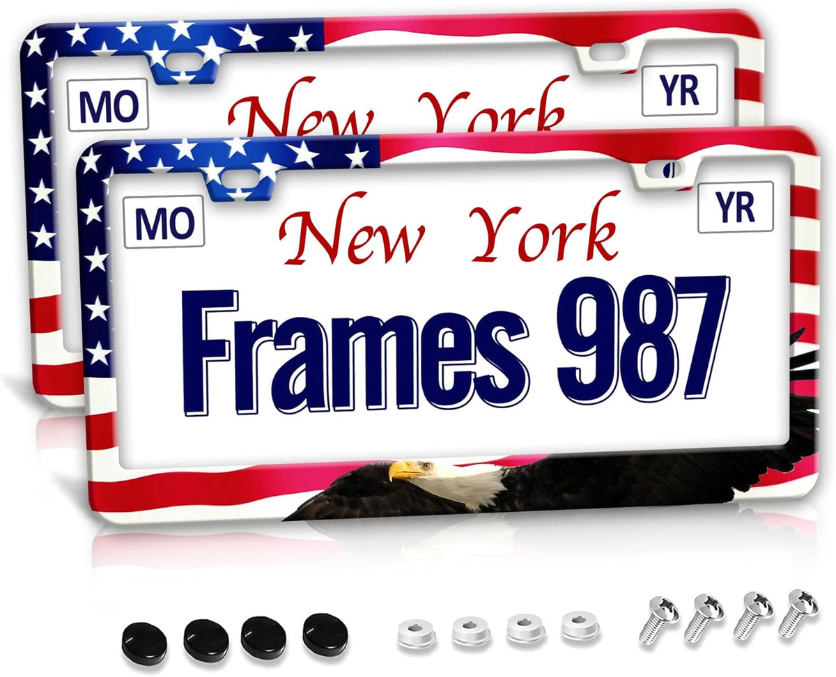 American Flag License Plate Frame American Flag License Plate Holder American Flag Eagle License Plate Frame Covers US Car Tag Frame Stainless Aluminum 2 Pack 2 Holes Decorative 2 Pcs Set for Men