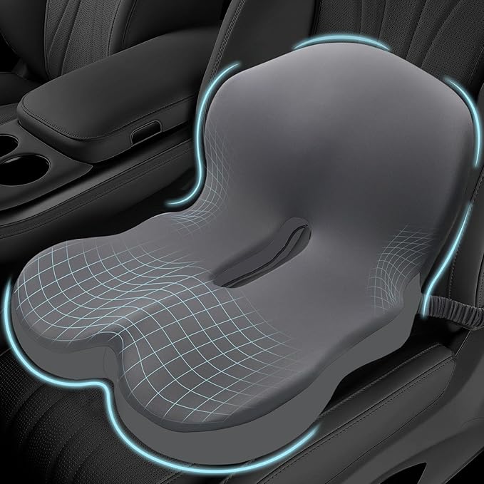 Memory Foam Seat Cushion for Sciatica & Back Pain Relief - Ergonomic Chair Pad with Adjustable Strap & Supportive Comfort Cover, Non-Slip for Car, Truck, Office Chair - Dark Gray