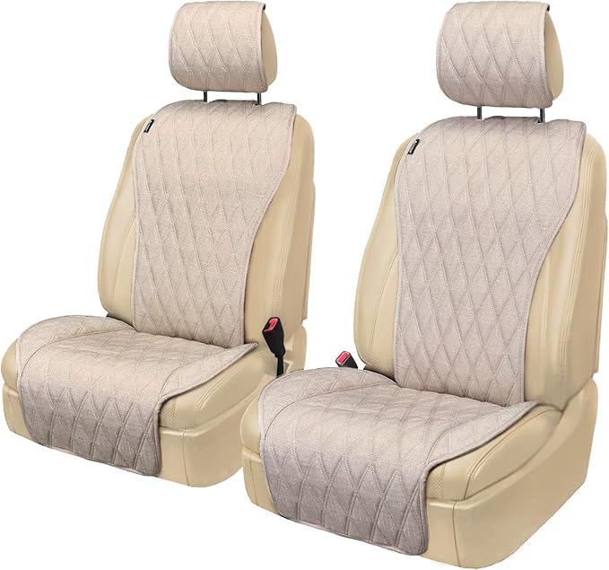 2pcs Sideless Car Seat Covers for All Seasons - Breathable Front Seats Cushions Non-Slip Bottom with Headrest Protectors - Universal Carseat Cover Fits for Most Vehicles Cars Van SUV Truck Beige