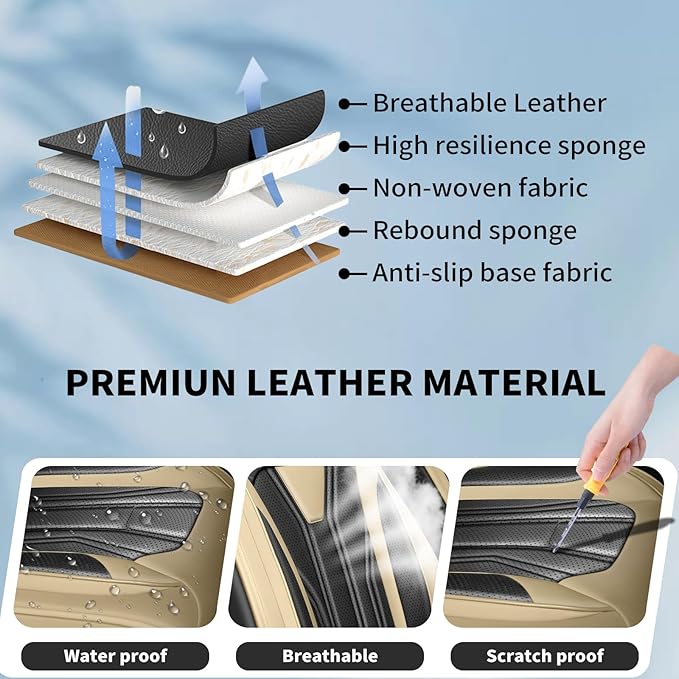 Fit Juke Car Seat Covers Compatible with Nissan Juke 2012-2015 2016 - Full Set Premium Leather， Waterproof Breathable， All-Weather Seat Cushion Protecto&Airbag Compatible （Beige & Black