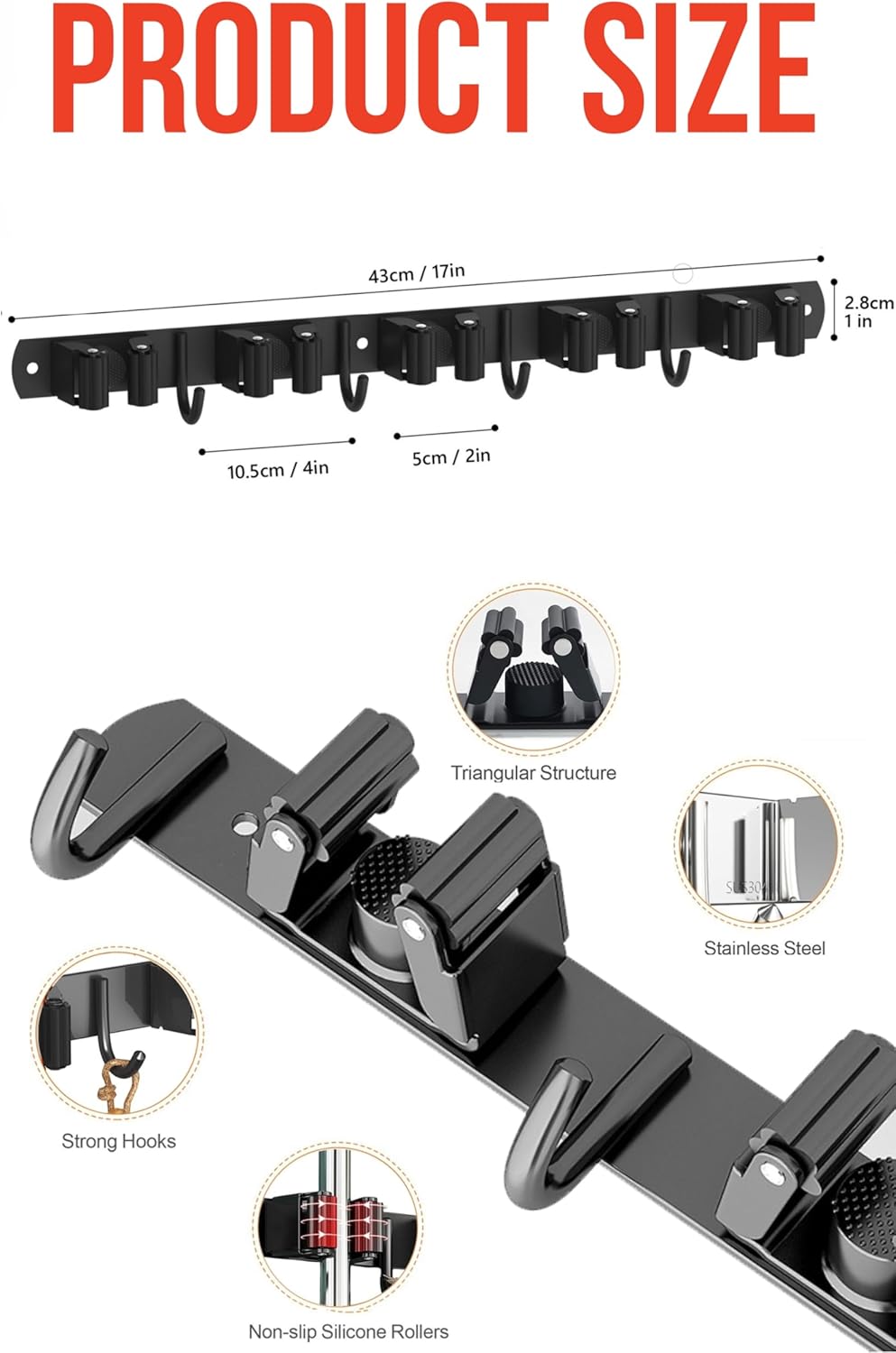 Mop and Broom Holder Wall Mount, Upgraded Broom Hanger Wall Mount, Stainless Steel Broom Organizer for Closet Garage Laundry Room Kitchen Wall Decor(5Racks 4Hooks Black)