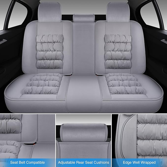 AOOG Fuzzy Car Seat Covers, Heated Bench Back Cushion Protector for Cars SUV Trucks(Full Set,Grey)