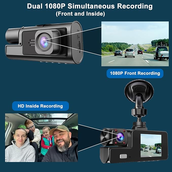 1080P Dual Dash Camera for Car Front and Inside Dashcam Car Security Video Recorder,170°Wide Angle Vehicle Cam,WDR,G-Sensor,2’’ IPS Screen,Loop Recording,Night Vision (Dual Dash Cam Without Card)
