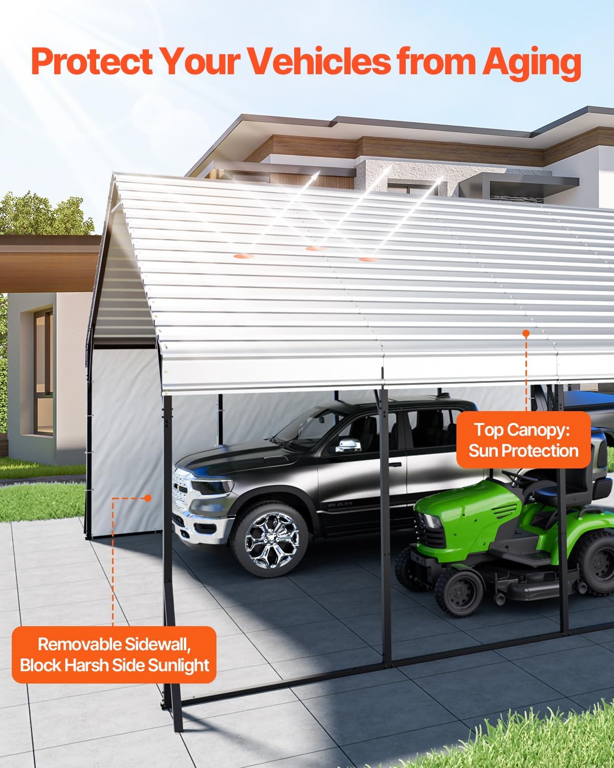 VEVOR Heavy Duty Metal Carport, 20 x 20 ft Outdoor Carport with Sturdy Frame & Roof, Car Garage Shade with Removable Sidewalls, Multi-Use Car Shelter for Pickup, Boat, Trucks & Tractors