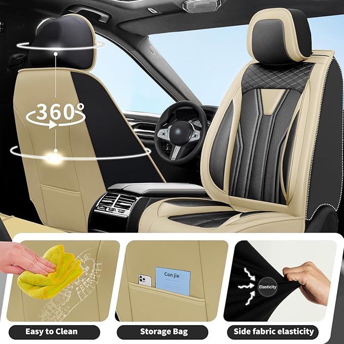 Fit Frontier Car Seat Covers Compatible with Nissan Frontier 2010-2025 2026 - Premium Leather，Waterproof Breathable，All-Weather Seat Cushion Protecto&Airbag Compatible(2 Front Seat Beige&Black)