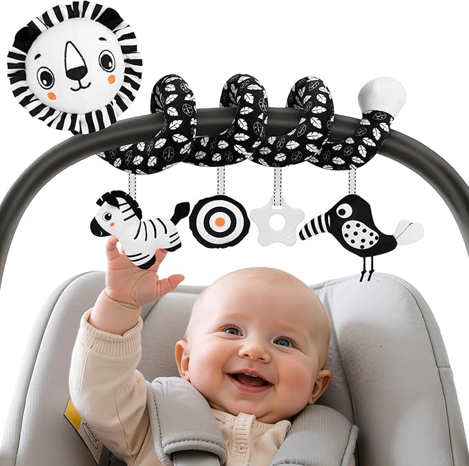 FPVERA Car Seat Toys for Babies 0-6 Months: Travel Baby Toy for Soft Hanging Toys for Carseat, Spiral Plush High Contrast Black and White Toy for Boys Girls