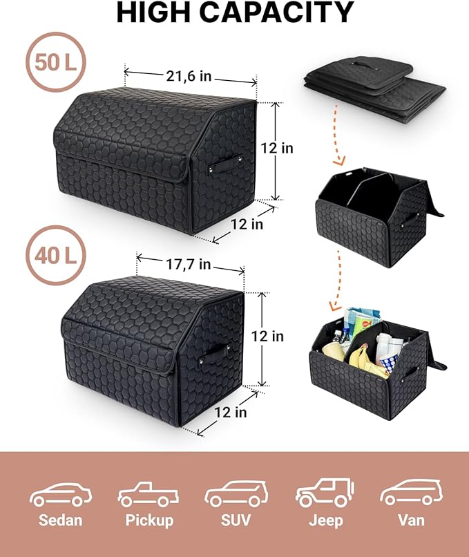 Owleys Car Storage Organizer Bundle - Two Foldable Crates For Groceries, Gear & Trips - Durable SUV And Truck Storage Set - Thoughtful Birthday Gifts For Drivers (Black 17+21)