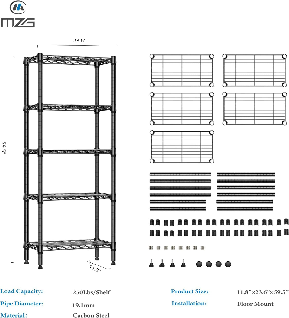 1250 lbs 5 Tier Shelf Metal Storage Shelves Wire Rack Closet Organizers for Garage Kitchen Bathroom Laundry Black 11.8" D x 23.6" W x 59.5" H