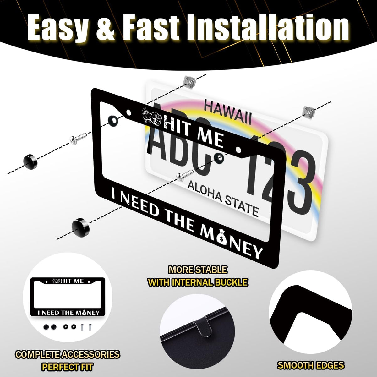 Funny License Plate Frame Hit Me I Need The Money License Plate Holder Stainless Steel License Plate Car Accessory Personalise License Plate Decoration Size 12.2" x 6.2" with Screws